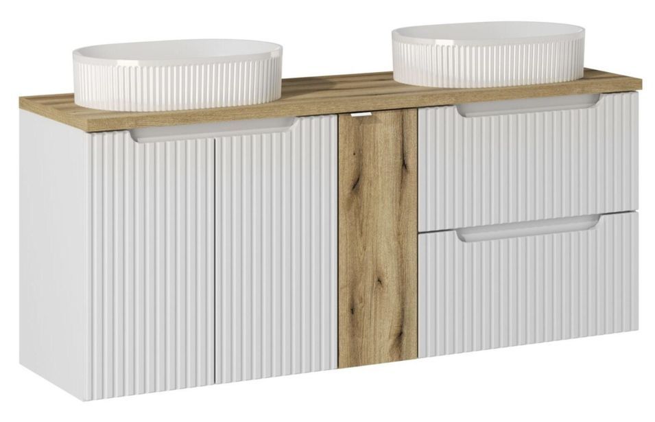 Ensemble meuble salle de bain 140cm NOVA suspendu – Double vasque ovale blanche, plan et rangements - Photo n°1