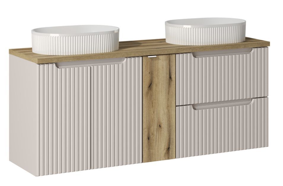 Ensemble meuble salle de bain 140 cm NOVA suspendu – Double vasque ovale blanche avec plan et rangements - Photo n°1