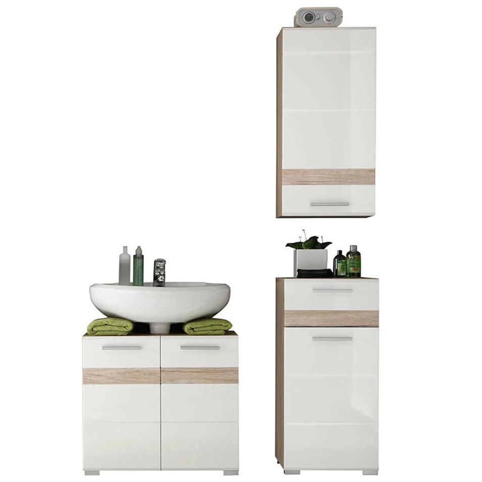 Ensemble meuble salle de bain 3 pièces avec armoire à pharmacie blanc et chêne clair Varok - Photo n°1