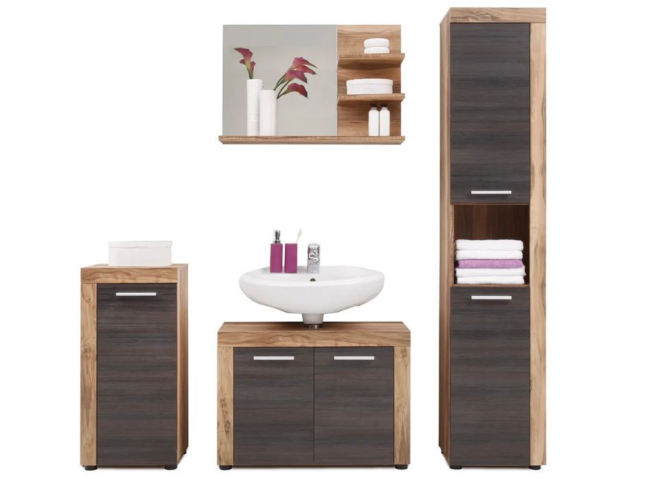Ensemble meuble salle de bain 4 pièces chêne clair et noyer avec miroir Cali - Photo n°1