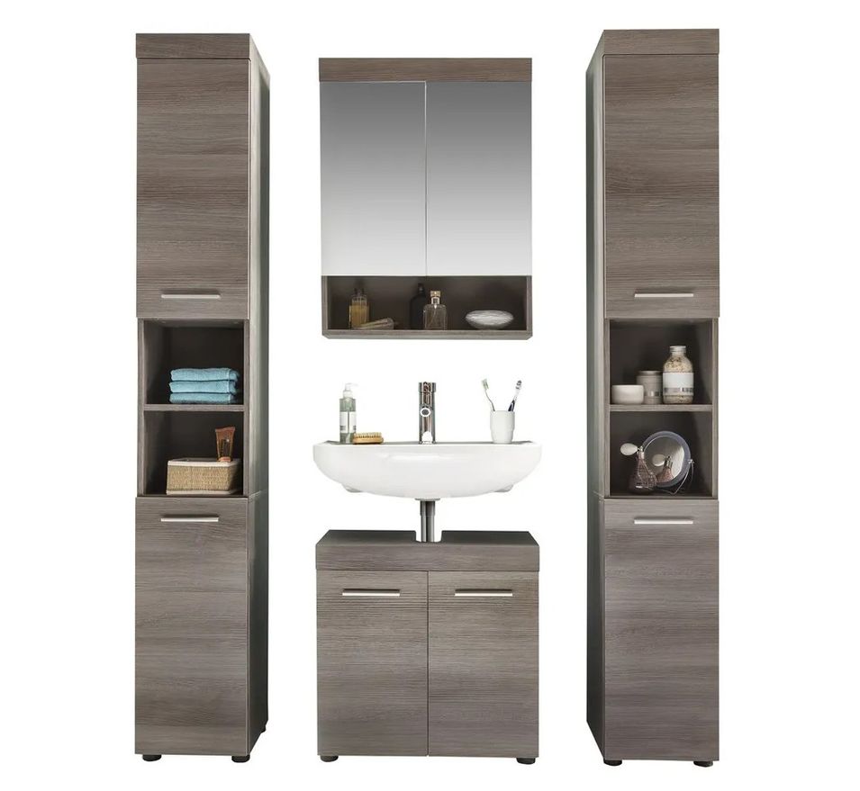 Ensemble meuble salle de bain 4 pièces mélaminé chêne foncé Rune - Photo n°1