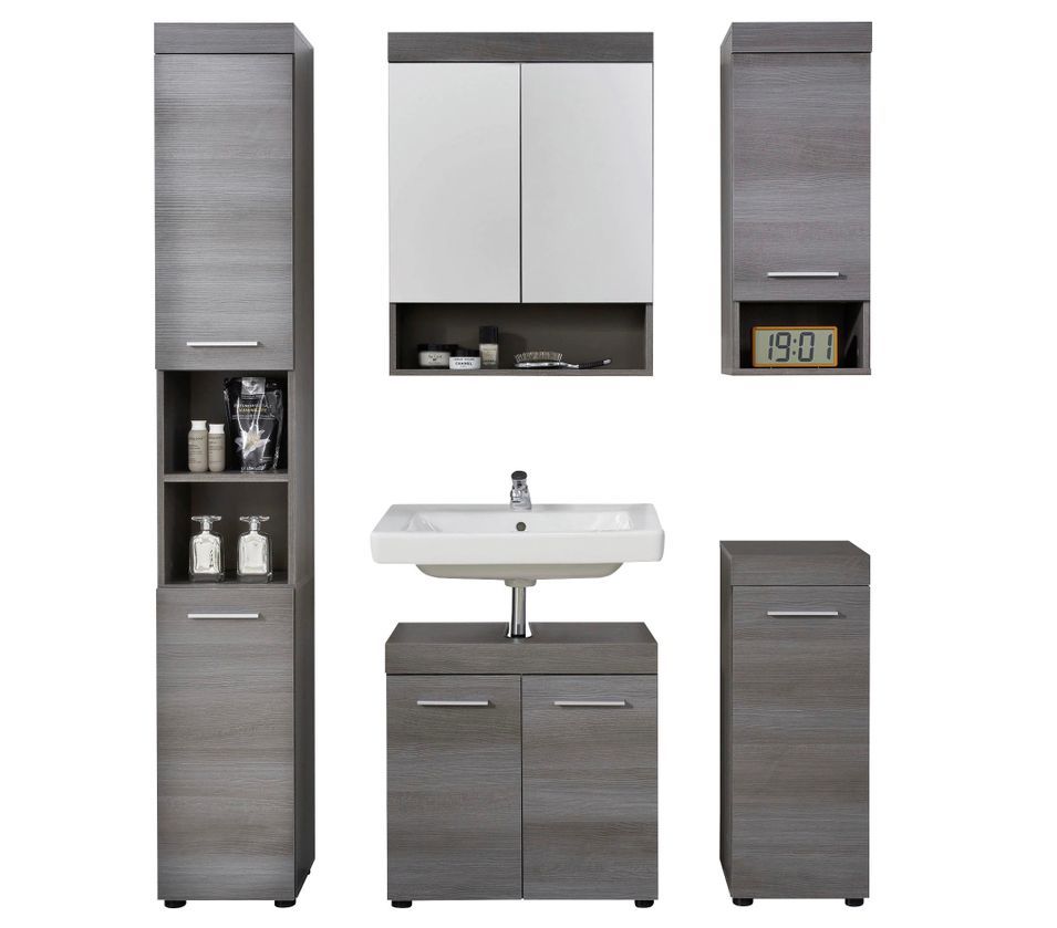 Ensemble meuble salle de bain 5 pièces mélaminé chêne foncé Rune - Photo n°1