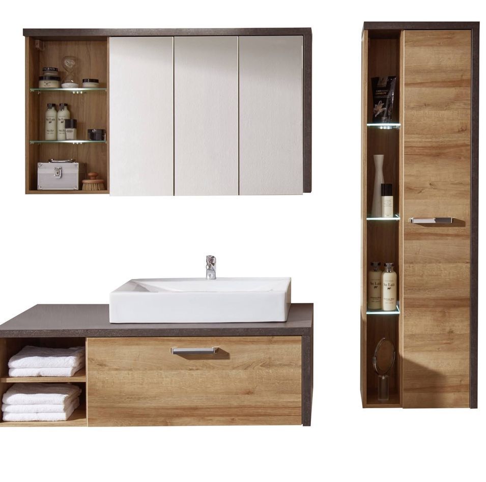 Ensemble meuble salle de bain avec vasque 3 pièces gris béton et chêne Riviera miel Babel 186 cm - Photo n°1