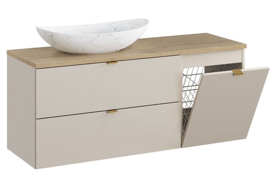 Ensemble meuble salle de bain suspendu DALIA 100 cm Cachemire 100 cm avec vasque ovale blanche mate, panier à linge et plan chêne naturel - Photo n°1