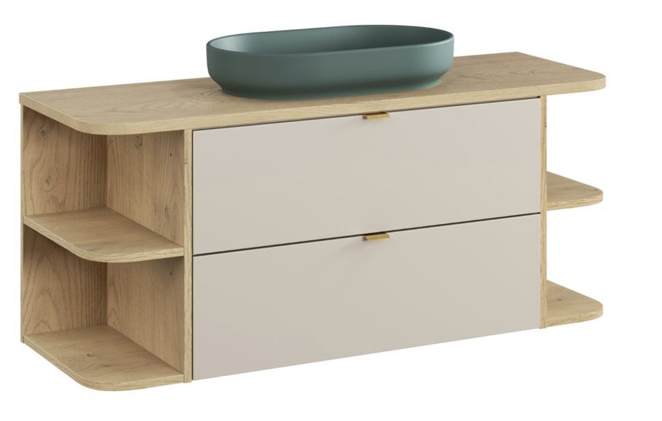 Ensemble meuble salle de bain suspendu DALIA 120 cm Cachemire 120 cm avec vasque verte mate RIVER 2, 2 étagères ouvertes et plan en chêne naturel - Photo n°1
