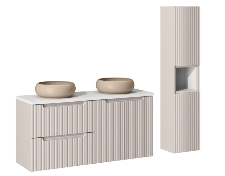 Ensemble meuble salle de bain suspendu NOVA 120 cm – Double vasque ronde cappuccino avec colonne et rangements - Photo n°1