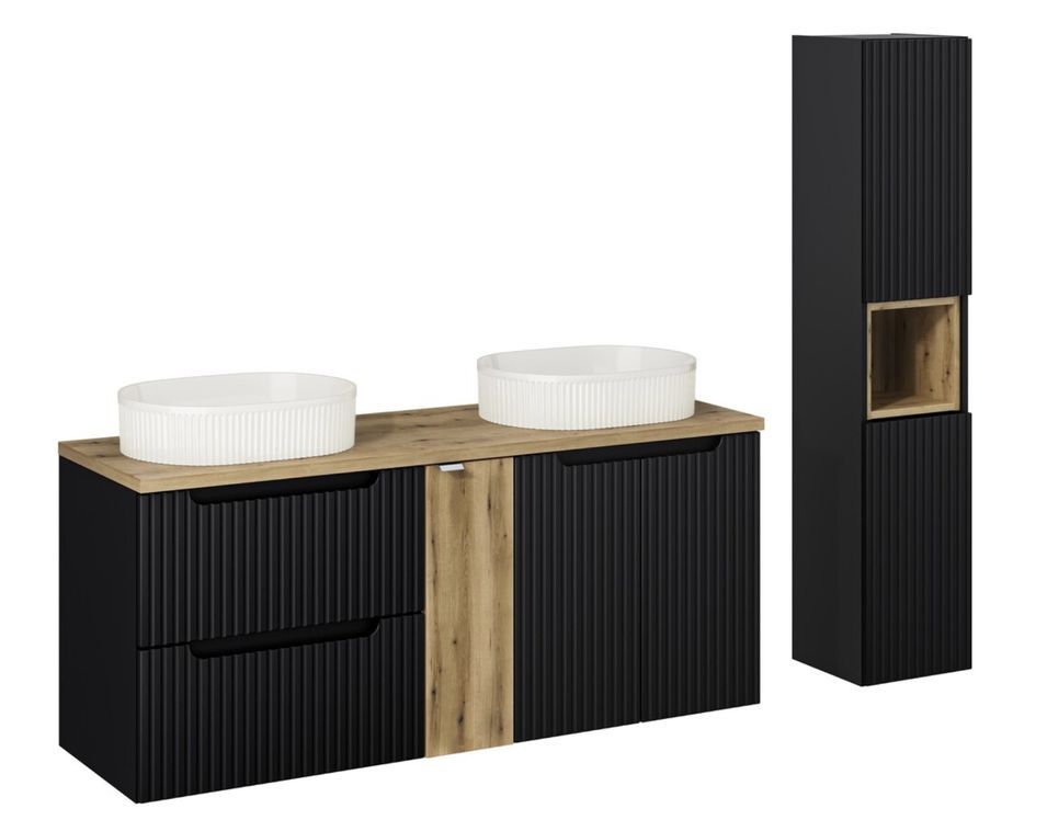 Ensemble meuble salle de bain suspendu NOVA 140 cm – Double vasque ovale blanche, colonne, rangements - Photo n°1