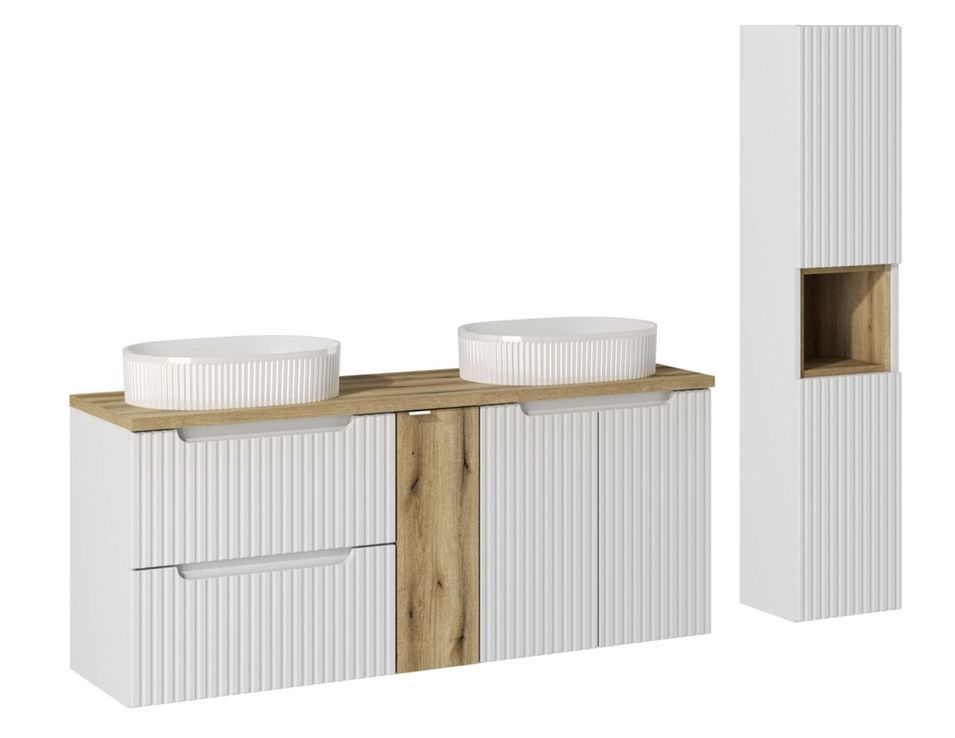 Ensemble meuble salle de bain suspendu NOVA 140 cm – Double vasque ovale blanche, colonne, rangements - Photo n°1
