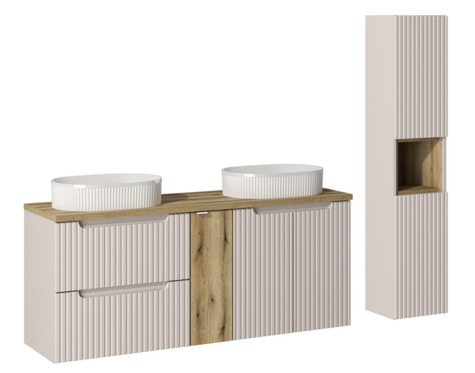 Ensemble meuble salle de bain suspendu NOVA 140 cm – Double vasque ovale blanche, colonne, rangements - Photo n°1