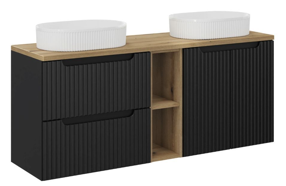 Ensemble meuble salle de bain suspendu noir et naturel NOVA 140 cm – Double vasque ovale blanche avec plan et rangements - Photo n°1