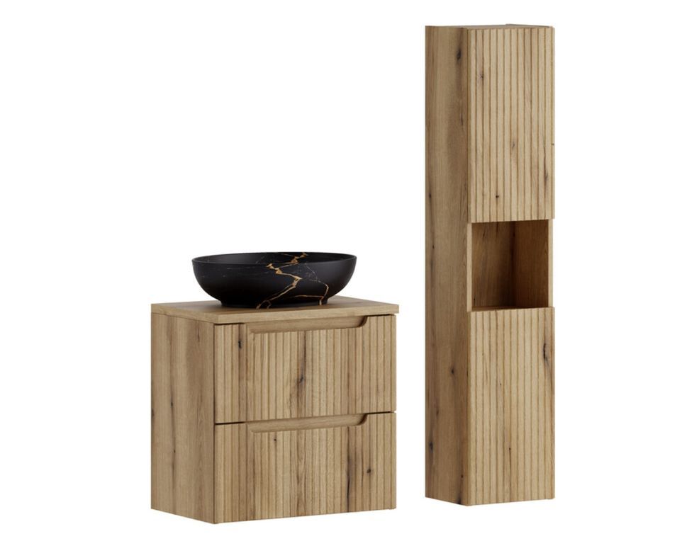 Ensemble meuble salle de bain suspendu NOVA Chêne naturel 60 cm avec vasque noir doré MONA et colonne de rangement - Photo n°1