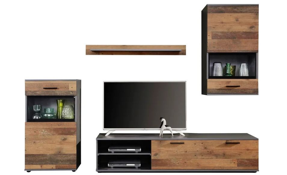 Ensemble meuble TV 4 pièces mélaminé chêne foncé et gris Gian - Photo n°1