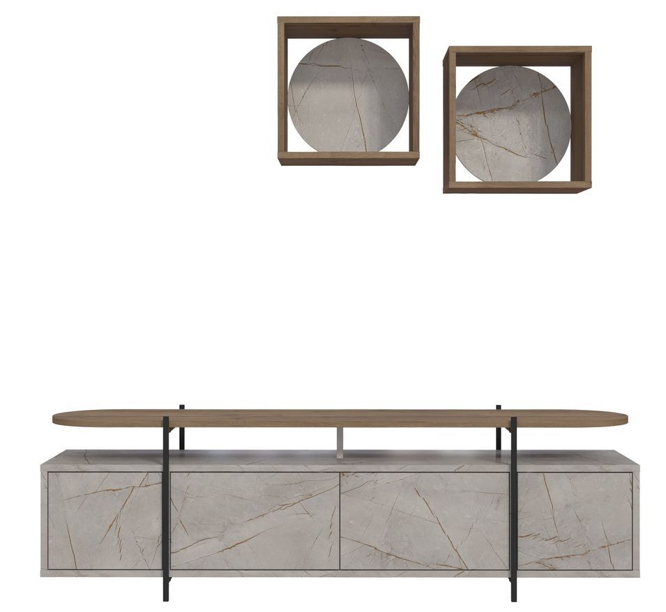 Ensemble meuble TV 4 portes et 2 étagères murales bois clair et beige effet marbre Kusta 160 cm - Photo n°1