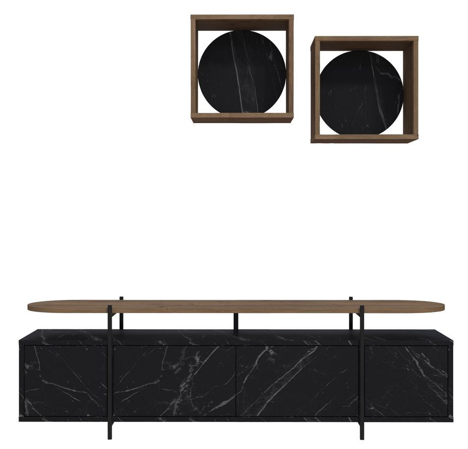 Ensemble meuble TV 4 portes et 2 étagères murales bois clair et noir effet marbre Kusta 160 cm - Photo n°1