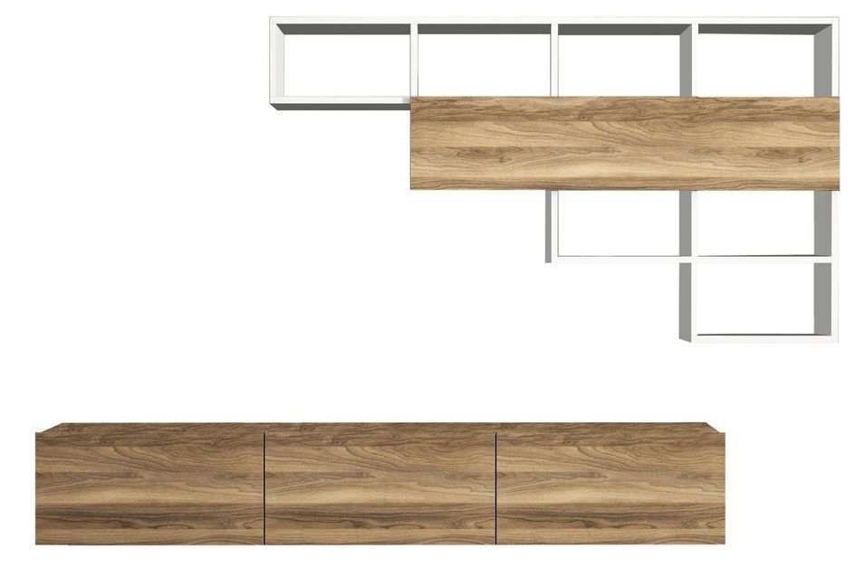 Ensemble mural mueble TV et étagère blanc et noyer Vizona - Photo n°1