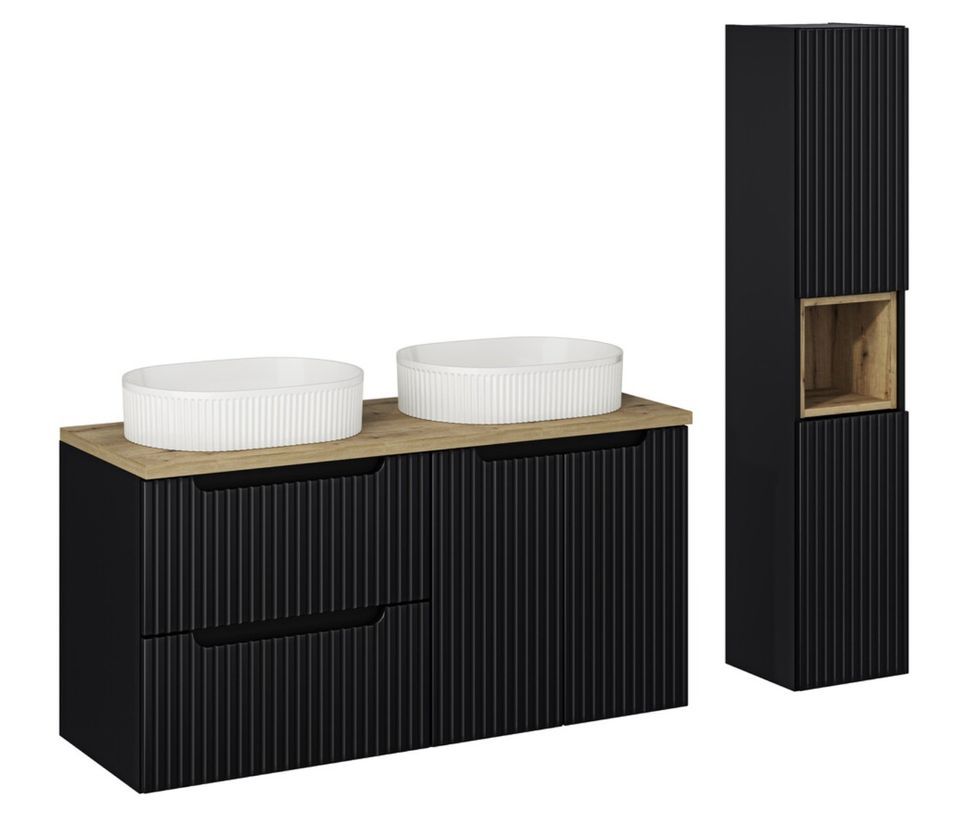 Ensemble salle de bain double vasque ovale blanche NOVA 120 cm avec meubles suspendus et colonne - Photo n°1
