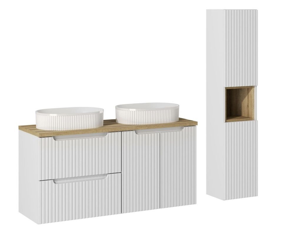 Ensemble salle de bain double vasque ovale blanche NOVA 120 cm avec meubles suspendus et colonne - Photo n°1