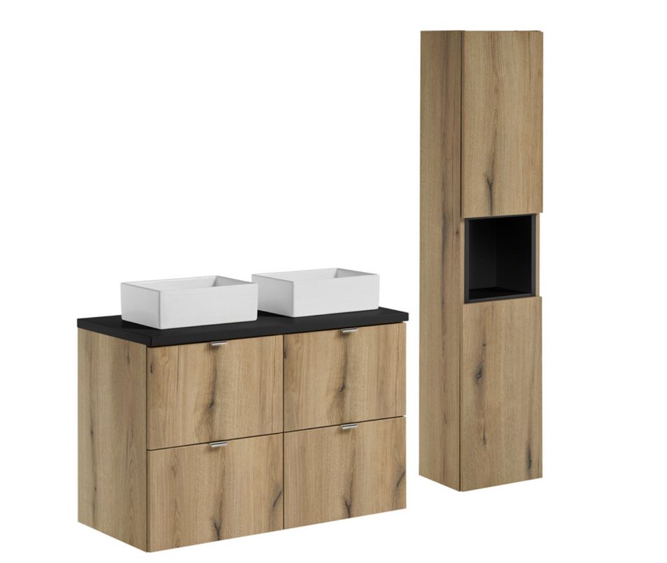 Ensemble salle de bain double vasque ovale blanche NOVA OAK 130 cm avec meubles suspendus et colonne - Photo n°1