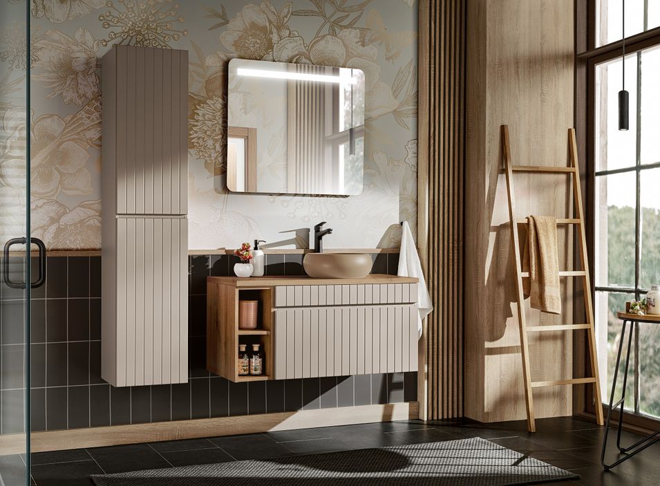 Ensemble salle de bain EMBLEMATIC 100 cm – Meuble vasque, étagère, colonne, miroir & éclairage LED – Taupe et chêne naturel - Photo n°1