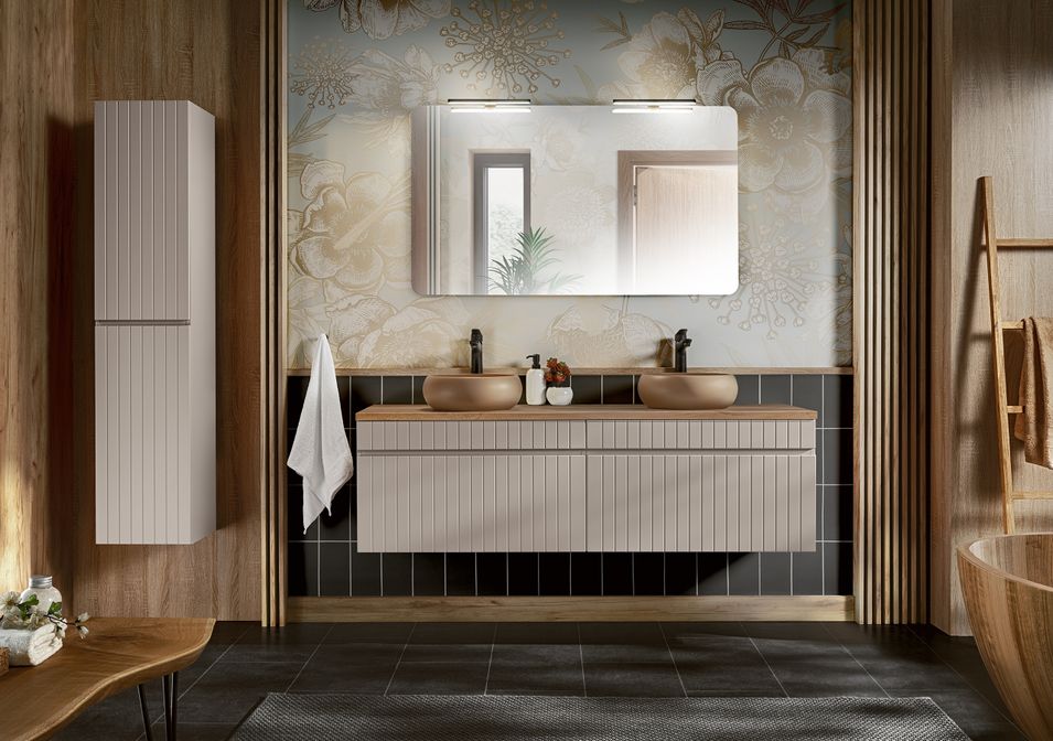 Ensemble salle de bain EMBLEMATIC 160 cm – Double vasque, colonne, miroir et LED – Taupe et chêne naturel - Photo n°1
