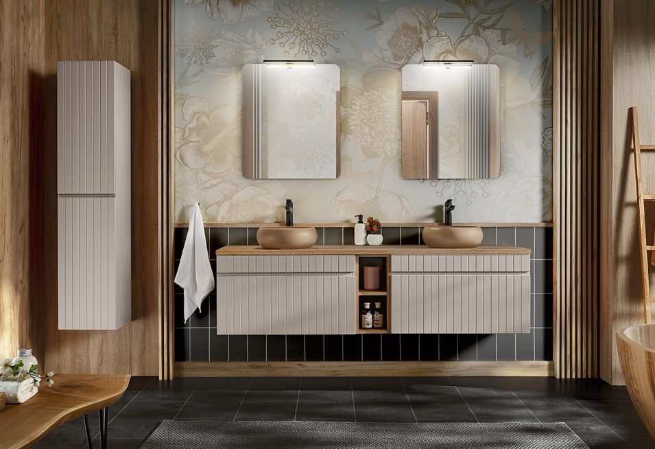 Ensemble salle de bain EMBLEMATIC 180 cm – Double vasque, colonne, 2 miroirs & éclairages LED – Taupe et chêne naturel - Photo n°1
