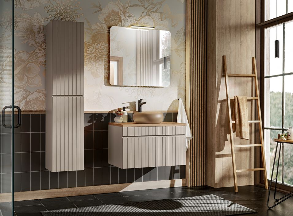 Ensemble salle de bain EMBLEMATIC 80 cm – Meuble vasque, colonne, miroir & éclairage LED – Taupe et chêne naturel - Photo n°1