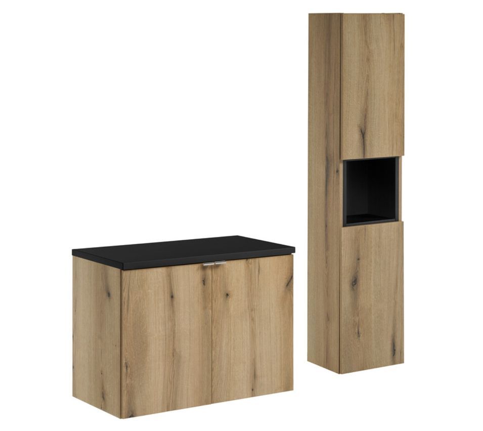Ensemble salle de bain suspendu 2 portes NOVA OAK 80 cm avec colonne, cube décoratif et plan pour vasque - Photo n°1