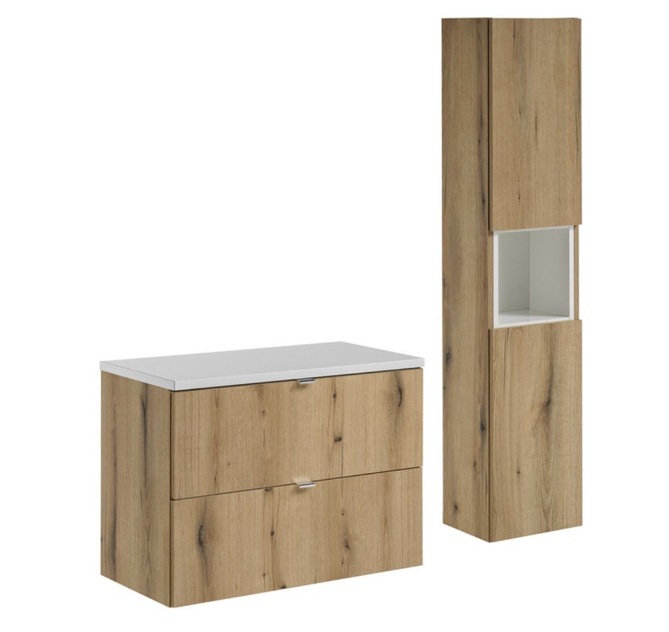 Ensemble salle de bain suspendu 2 tiroirs NOVA OAK 80 cm avec colonne, cube décoratif et plan pour vasque - Photo n°1