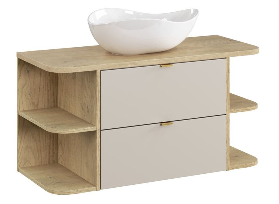 Ensemble salle de bain suspendu DALIA Cachemire 100 cm – 2 tiroirs, 2 étagères réversibles, plan Chêne Cremona et vasque à poser - Photo n°1