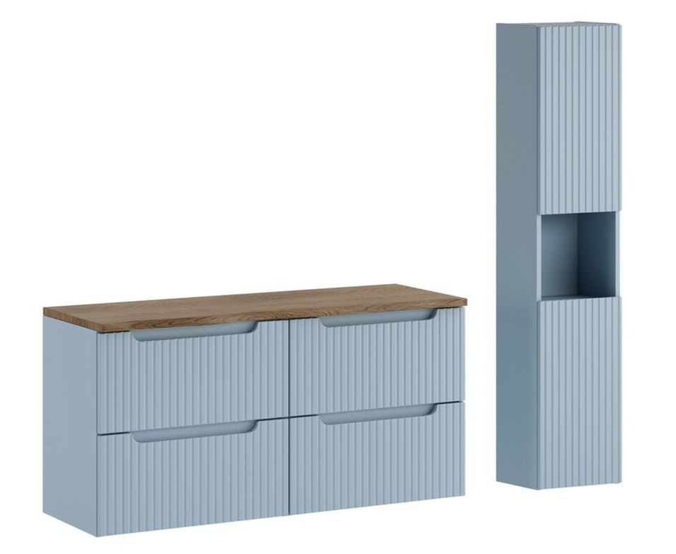 Ensemble salle de bain suspendu NOVA Denim 120 cm – Rangements, plan Chêne Casella - Photo n°1