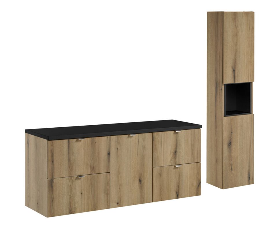 Ensemble suspendu NOVA OAK 140 cm avec colonne, panier à linge et rangements – L’alliance parfaite entre élégance et fonctionnalité - Photo n°1