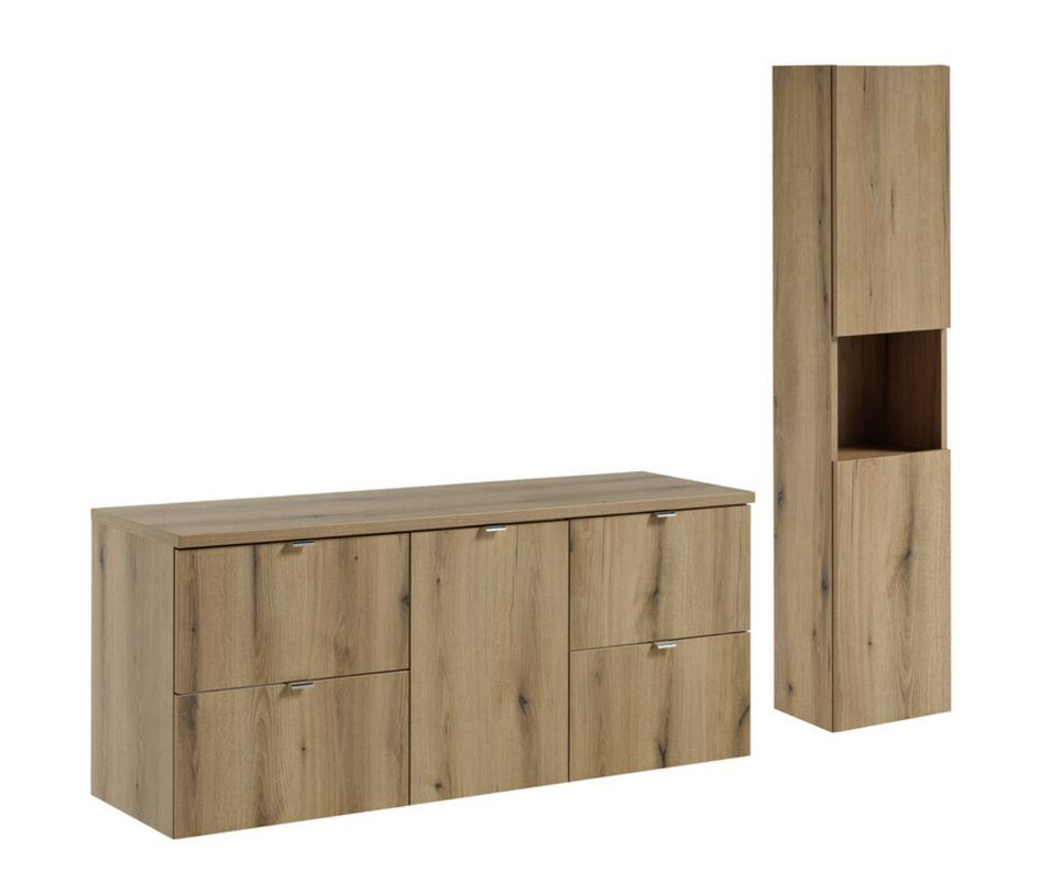 Ensemble suspendu NOVA OAK 140 cm avec colonne, panier à linge et rangements – L’alliance parfaite entre élégance et fonctionnalité - Photo n°1