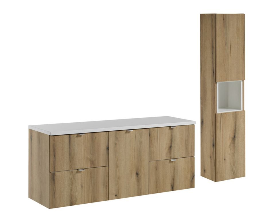 Ensemble suspendu NOVA OAK 140 cm avec colonne, panier à linge et rangements – L’alliance parfaite entre élégance et fonctionnalité - Photo n°1