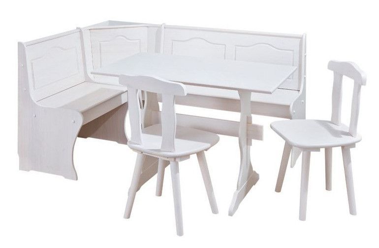 Ensemble table avec banc et chaises pin massif vernis blanc Vencia - Photo n°1