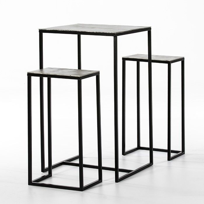 Ensemble table et 2 tabourets gigogne métal noir et argent Trois - Photo n°1