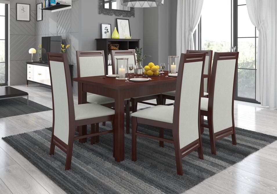 Ensemble table extensible 140/180 cm et 6 chaises bois Noyer foncé et beige clair Komba - Photo n°1