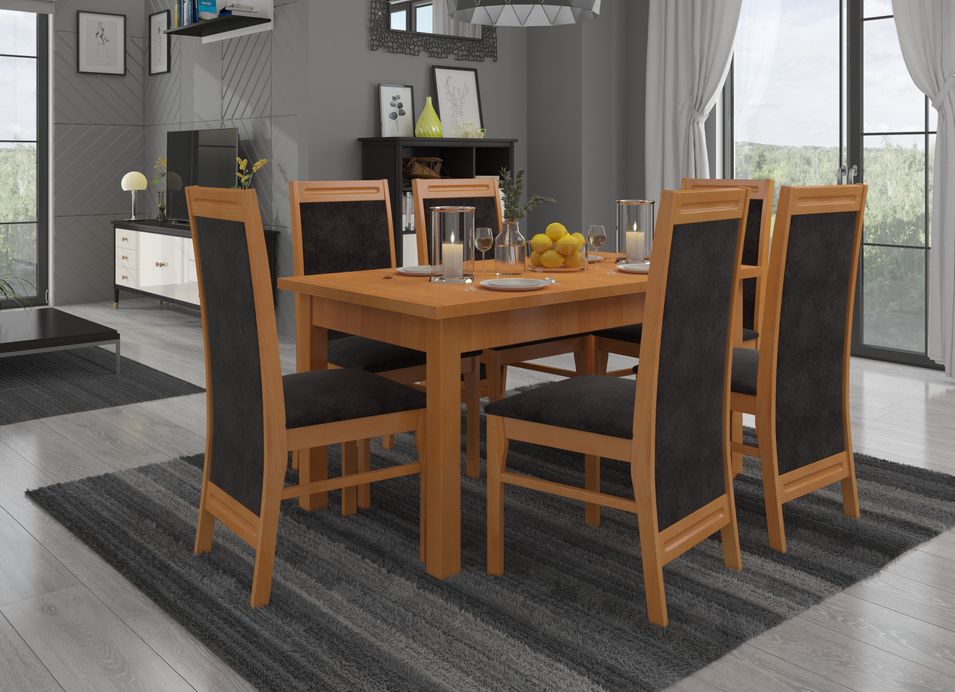 Ensemble table extensible 140/180 cm et 6 chaises en bois clair de hêtre et tissu noir Komba - Photo n°1