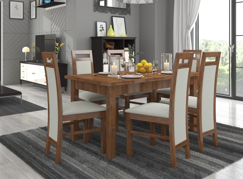 Ensemble table extensible 140/180 cm et 6 chaises en bois marron et tissu gris clair Mouka - Photo n°1