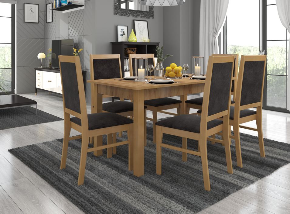 Ensemble table extensible 140/180 cm et 6 chaises en bois naturel et tissu noir Klarika - Photo n°1