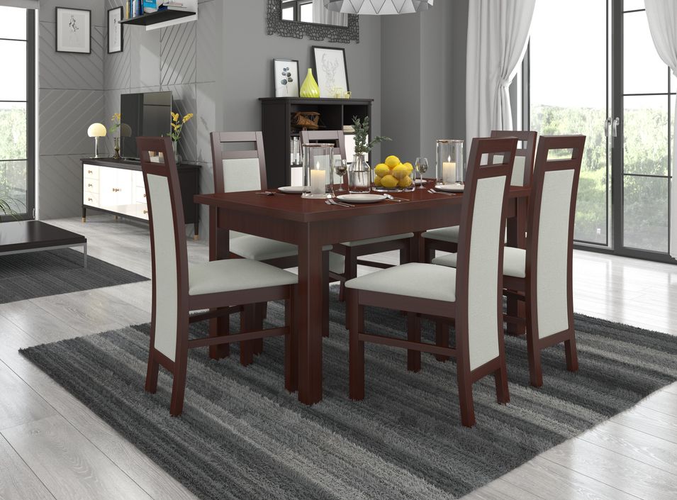 Ensemble table extensible 140/180 cm et 6 chaises en bois Noyer foncé et tissu beige clair Mouka - Photo n°1