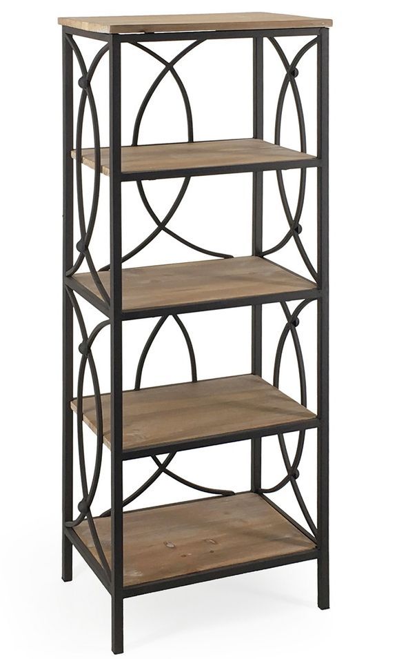 Etagère Bibliothèque avec 4 tablettes fer forgé noir et bois massif naturel Kalioka 42 cm - Photo n°1