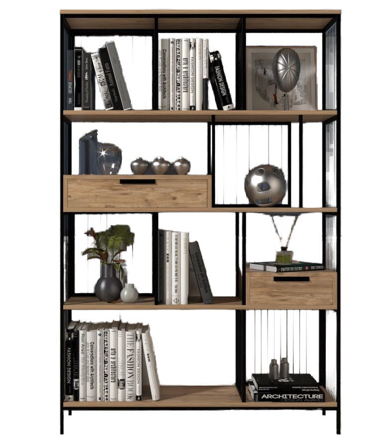 Étagère bibliothèque industriel bois clair et métal noir Stuka 120 cm - Photo n°1
