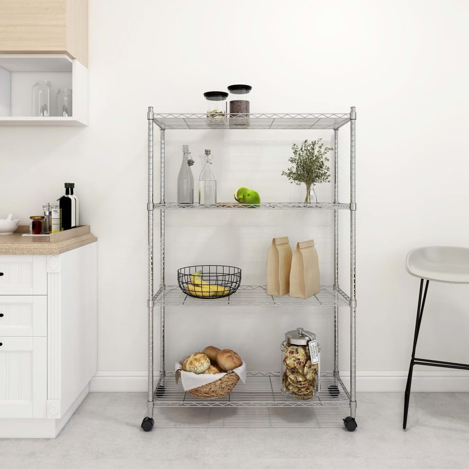 Étagère de rangement 4 niveaux et roues 90x35x142 cm chrome - Photo n°1