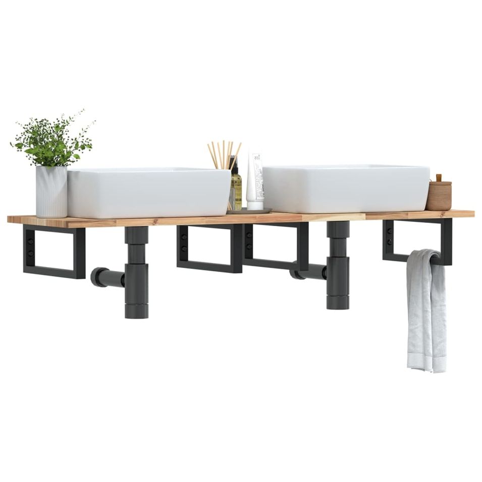 Étagère de vasque murale acier et bois massif d'acacia - Photo n°1