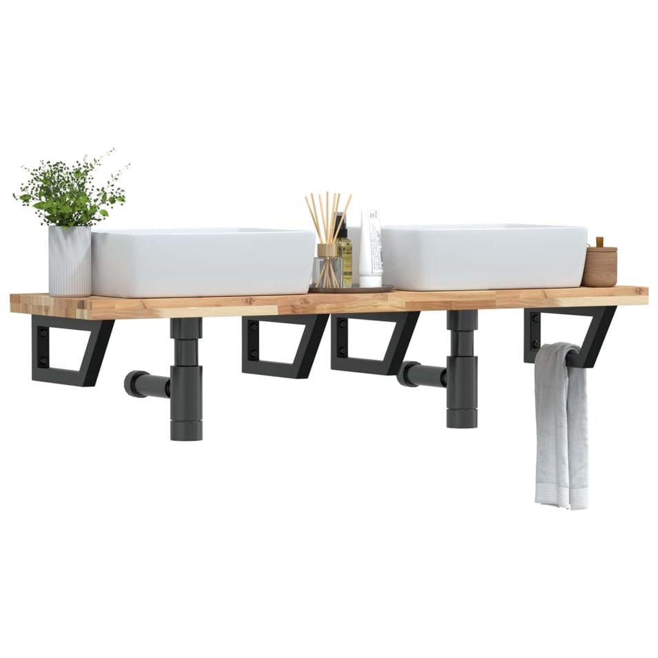 Étagère de vasque murale acier et bois massif d'acacia - Photo n°1