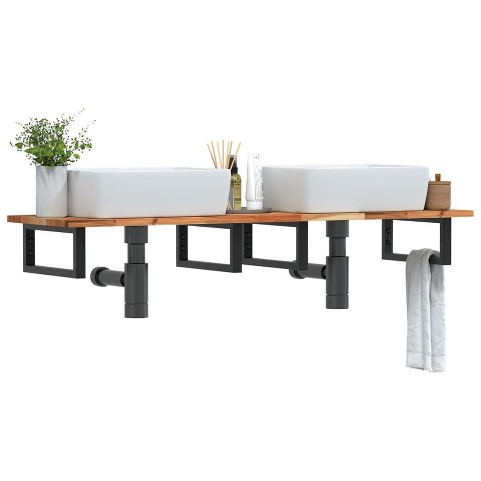 Étagère de vasque murale acier et bois massif d'acacia - Photo n°1