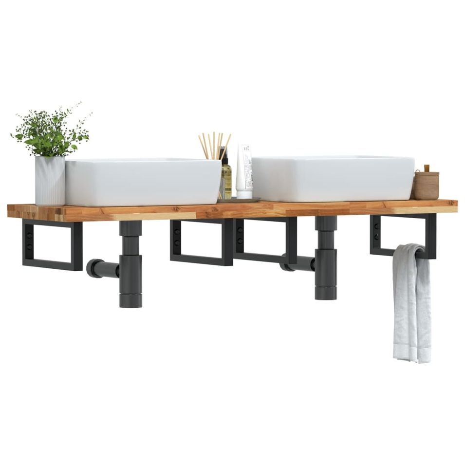 Étagère de vasque murale acier et bois massif d'acacia - Photo n°1