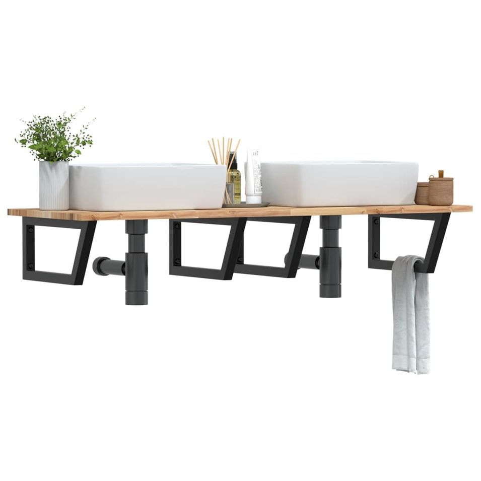 Étagère de vasque murale acier et bois massif d'acacia - Photo n°1