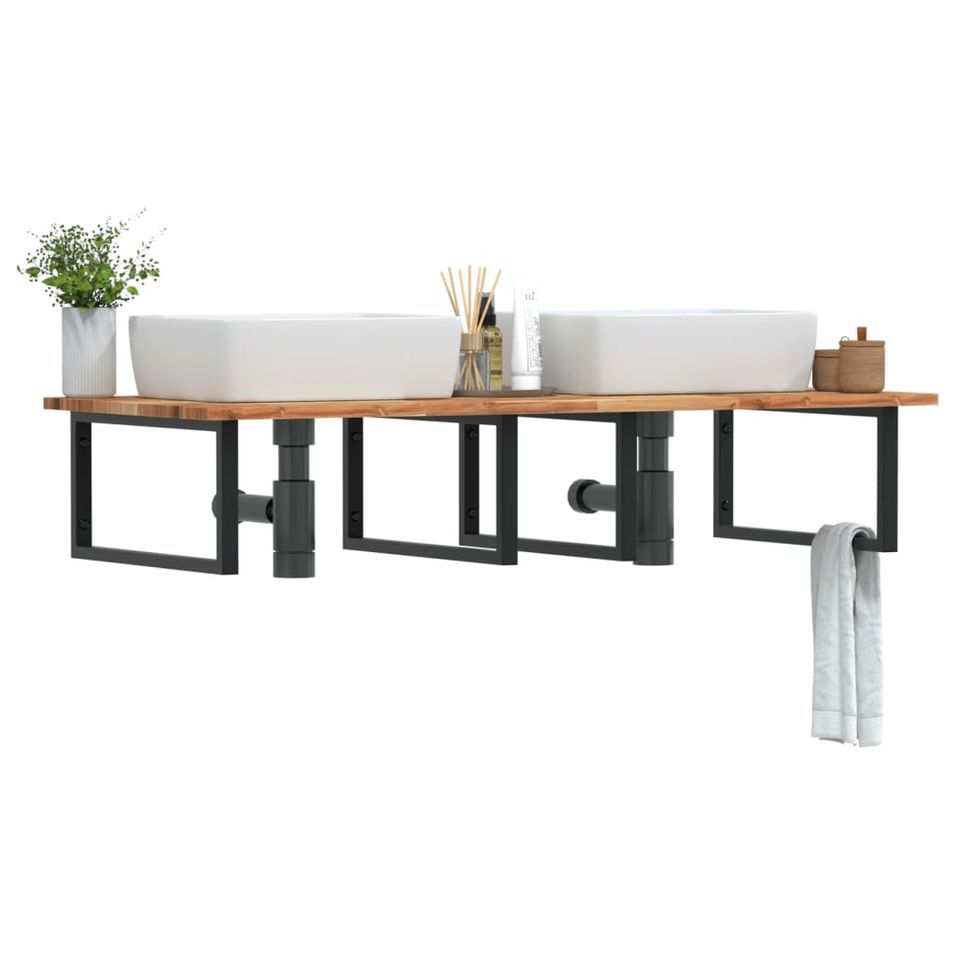 Étagère de vasque murale acier et bois massif d'acacia - Photo n°1