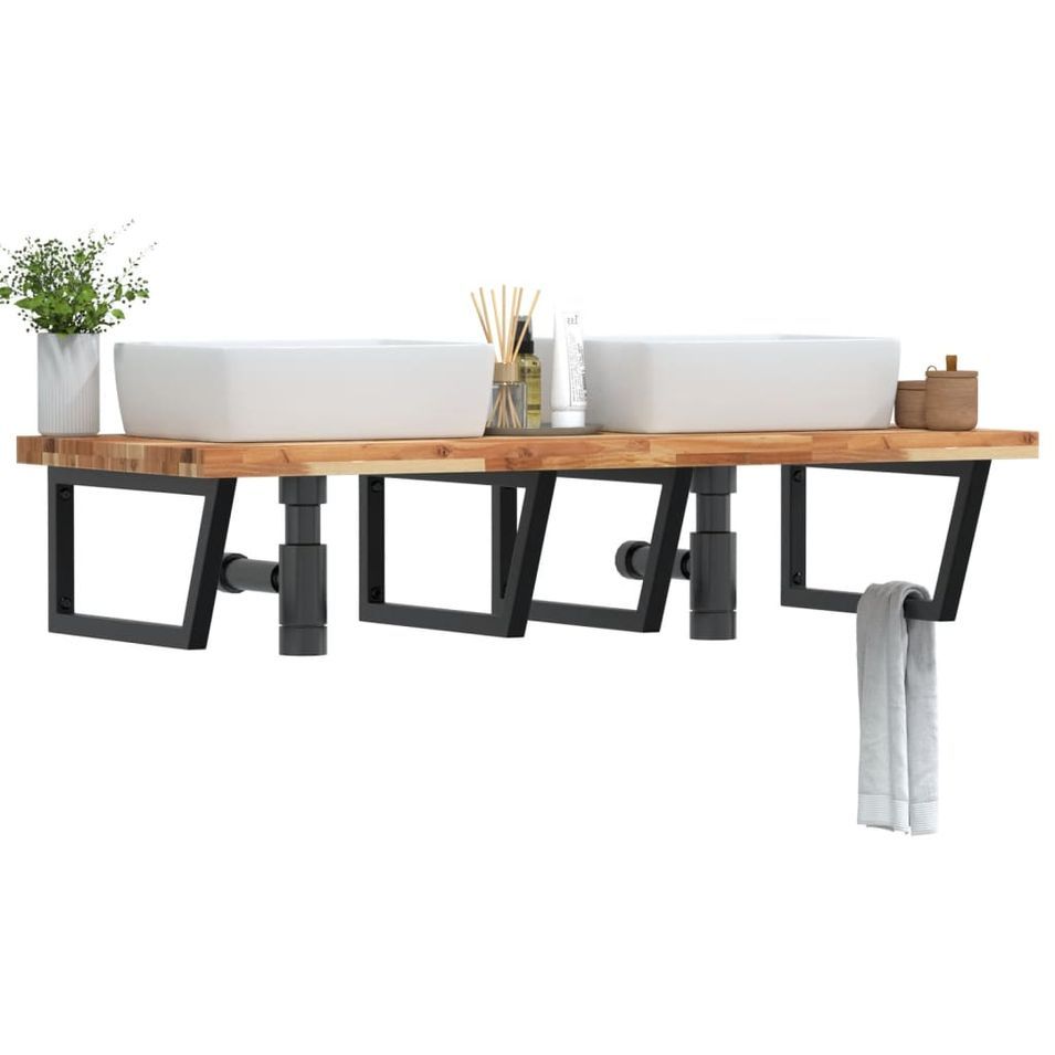 Étagère de vasque murale acier et bois massif d'acacia - Photo n°1